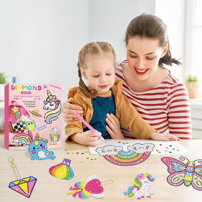 BANBBUR 16 Pcs Gem Art for Kids Age 4-8 8-12,Kids Crafts 5D Gem Diamond Art Kit with 5 Suncatchers/5 Keychains/6 Magical Stickers,Painting Art Crafts for Christmas - Image 2